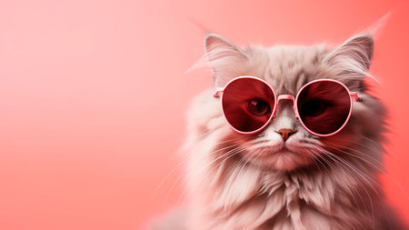 Cute funny cat in pink sunglasses isolated on pink background. Banner template with gray furry Maine Coon cat and copy space for textの素材