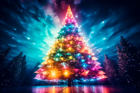 Christmas tree decorated rainbow colors neon lights. Night winter forest fantasy landscape. Festive Xmas and New Year backgroundの素材