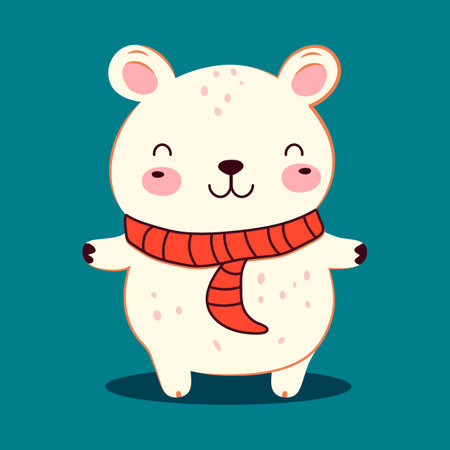 Cute cartoon white polar bear wearing red scarf. Arctic animal character. Flat design. Vector print. Christmas greeting card, kids cards for birthday poster, invitation or bannerのイラスト素材