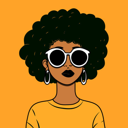 African American pretty woman in sunglass. Female vector portrait. Confidence girl with dark skin and curly hairのイラスト素材