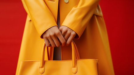 Close up woman hands with yellow leather bag. Stylish lady wearing in yellow leather coat isolated on red background. Selective focusの素材