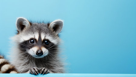 Portrait of funny fluffy raccoon with paws isolated on light blue background. Horizontal banner template with copy space for text.の素材