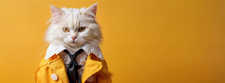 Cool white fluffy cat wearing in white shirt, black tie and yellow jacket isolated on vivid yellow background. Horizontal wide banner template with copy space.の素材
