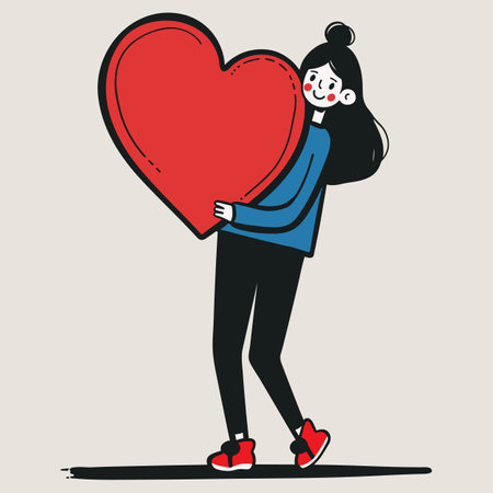 Happy girl holding big red heart. Young woman in love. Friendly volunteer concept. Vector illustration.のイラスト素材