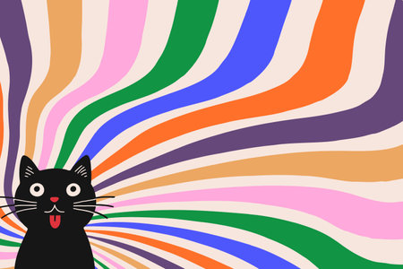 Groovy abstract rainbow swirl background with cute black cat. Retro vector design in 1960-1970s style. Vintage sunburst backdrop.のイラスト素材
