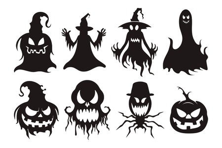 Set of halloween decor elements silhouettes. Scary ghosts, pumpkin face, witch and monstersのイラスト素材