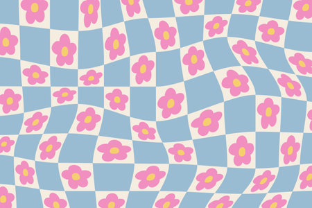 Groovy checkered pattern with daisy flowers. Trippy retro background in 60s-70s hippie aestheticのイラスト素材