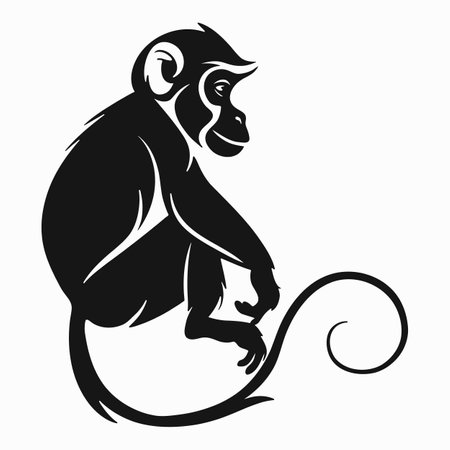Sitting monkey black silhouette with long tail. Vector design element for logo, icon, printのイラスト素材