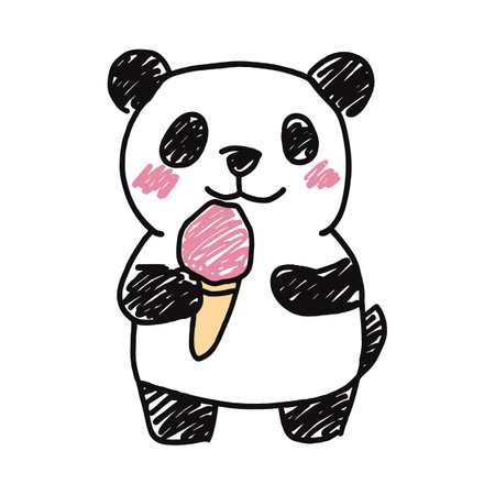 Cute panda eating ice-cream. Childish doodle vector illustration. Hand drawn cartoon animal designのイラスト素材