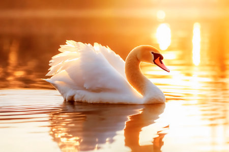White swan swimming in lake during sunset or sunrise, golden hue on the waters surfaceの素材