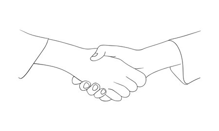 Outline handshake icon, black thin line on white background. Business or friends hand concept, minimal art drawing. Deal, partnership signのイラスト素材