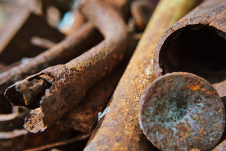 Metal rods. Diverse old rusty scrap metal from different items close-up. Collection and delivery of...
