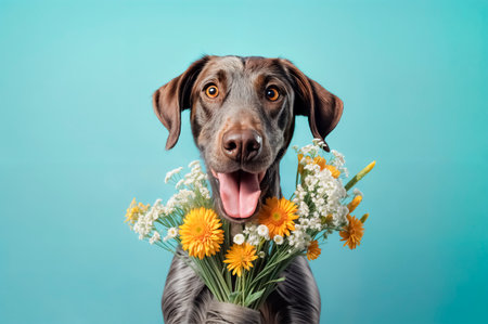 Happy dog with flower bouquet isolated on blue background. Fun positive banner template with copy spaceの素材
