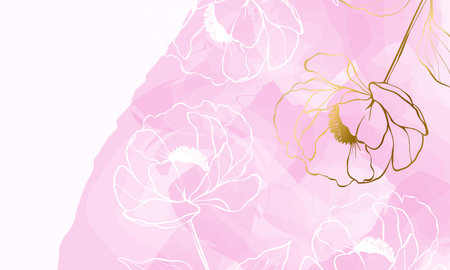 Watercolor floral background with peony flowers. Pink paint splash on white backdrop with copy space. Horizontal banner template. Luxury minimal style vector designのイラスト素材