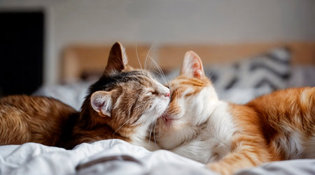 Two adorable cats cuddle closely on a cozy bed in a bright, serene bedroom, sharing a loving moment in the morning lightの素材