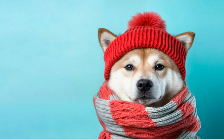 Shiba inu wearing red knitted hat and colorful scarf poses against light blue background during wintertimeの素材