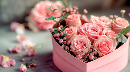 Fresh flowers as gift in the shape of heart. Beautiful pink roses arranged in heart-shaped box with delicate flowers surrounding it on soft blurred gray surfaceの素材