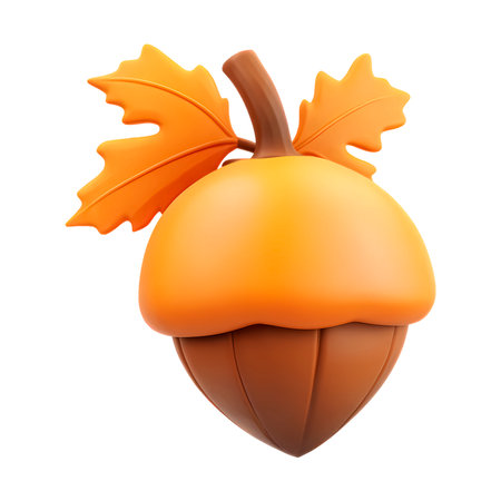 3d acorns with orange oak leaves isolated on background. Autumn themed design elementsの素材