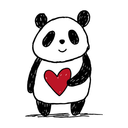 Cute panda holding red heart. Outline doodle hand drawn valentines animal character. Love concept, crayons art, vector animal iconのイラスト素材