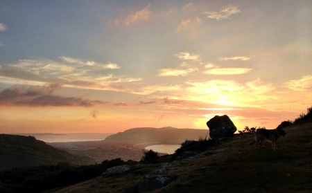 A boulder silhouetted against the sunset の素材