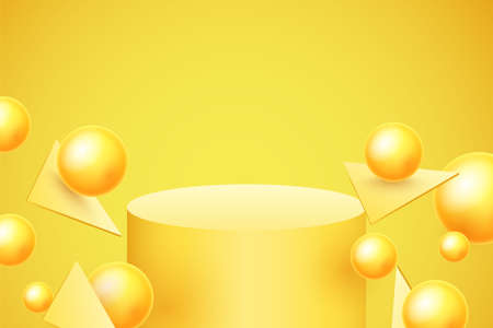Abstract background with dynamic 3d spheres. Vector illustration of glossy yellow balls and podium . Modern trendy banner or poster designのイラスト素材