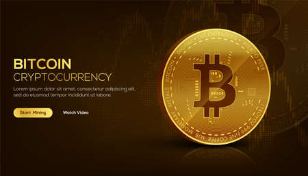 Golden Bitcoin blockchain technology isometric concept suitable for future technology banner or or cover. Isometric vector illustrationのイラスト素材