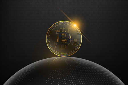 Golden bitcoin digital currency and world globe hologram, futuristic digital money and technology worldwide network concept, vector illustrationのイラスト素材