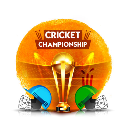 Cricket championship league concept with cricket helmet and winning cup trophy for poster or banner on abstract stroke backgroundのイラスト素材