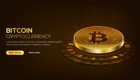 Golden Bitcoin blockchain technology isometric concept suitable for future technology banner or or cover. Isometric vector illustrationのイラスト素材