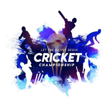 Illustration of batsman and bowler playing cricket championship sports with trophy on blue abstract paint stroke backgroundのイラスト素材