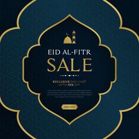 Eid al fitr sale banner with hanging lantterns on blue islamic pattern background. Modern trendy banner or poster designのイラスト素材
