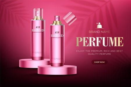 Cosmetic ads template with glossy pink bottles on pink circular podium stage and palm leaves shadow in 3d illustrationのイラスト素材