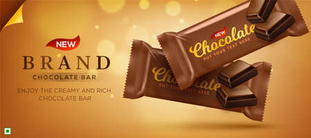 Premium chocolate ads in 3d illustration with liquid chocolate on bokeh glitter backgroundのイラスト素材