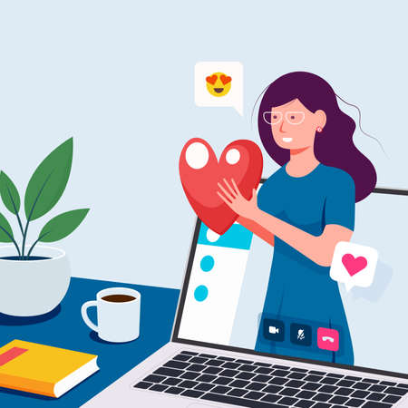 Video call concept. Video call with loved one. laptop with girlfriend on screen. Vector flat cartoon illustration for web sites and banners designのイラスト素材
