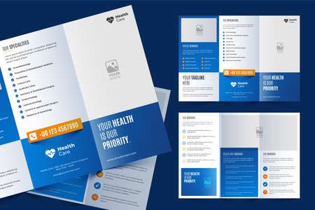 Tri-fold brochure template in modern style with space for photo. Universal white design for business advertising.のイラスト素材