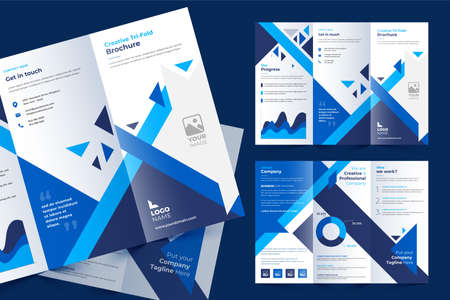 Tri-fold brochure template in modern style with blue tri angles and space for photo. Universal white design for business advertising.のイラスト素材
