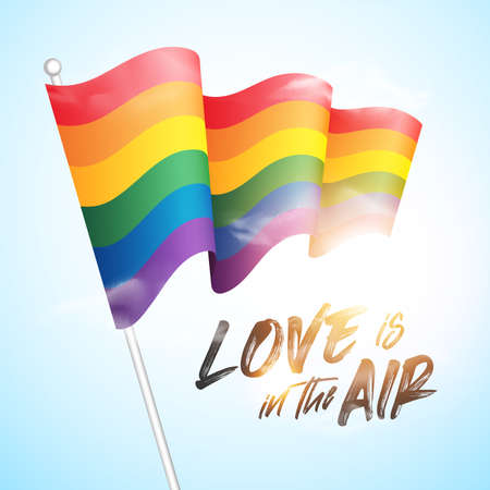 Rainbow flag (LGBT-movement, Gay Pride) flag waving on white background, close up, isolated with love is in the air text&#xA;のイラスト素材
