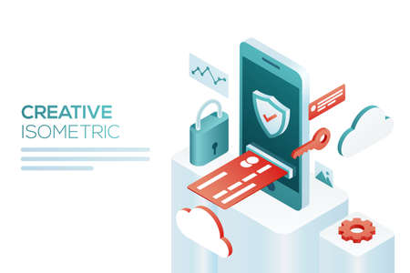 Data protection concept. Software access data as confidential. Can use for web banner, infographics, hero images. Flat isometric illustration isolated on white background.のイラスト素材