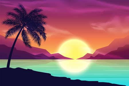 Summer holiday background with palms, sky and sunset. Summer placard poster flyer invitation card.のイラスト素材
