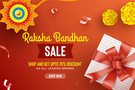 Greeting background with decorated rakhi and gift for Raksha Bandhan (Bond of protection and care) â Indian festival of sisters and brothers.のイラスト素材