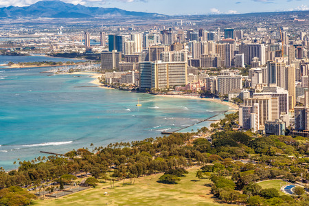 View of Waikiki Beach and Honolulu Skyline from Diamond Headの写真素材