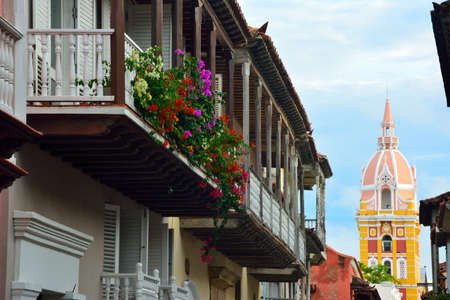 Balconies of Cartagena de Indias Cathedral overlooking St. Catherine of Alexandriaのeditorial素材