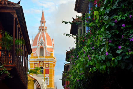 Balcony with bougainvillea, santa catalina cathedral of alejandraa street of Cartagena de Indiasのeditorial素材