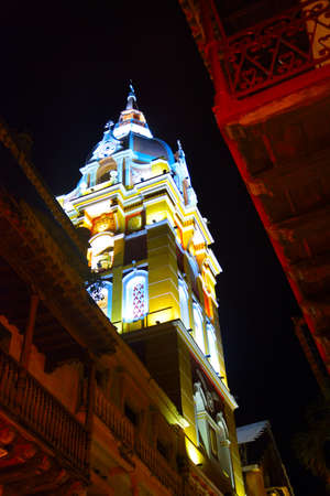 St. Catherine of Alexandria Cathedral of Cartagena de Indias night streetのeditorial素材