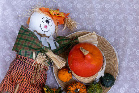 Scarecrow, pumpkin and hat to celebrate Halloween and Thanksgiving. Harvest and fall conceptの写真素材