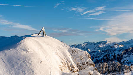 Snow covered mountains. Rochers-De-Naye in Switzerland. Tranquil scene and nature background.の写真素材