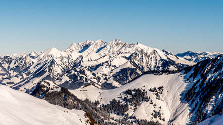 Winter landscape of snow covered mountains. Rochers de Naye in Switzerland. Beauty in nature.