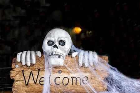 Wood sign with word "Welcome". Skull with spider web. Halloween event. Holidays.の写真素材