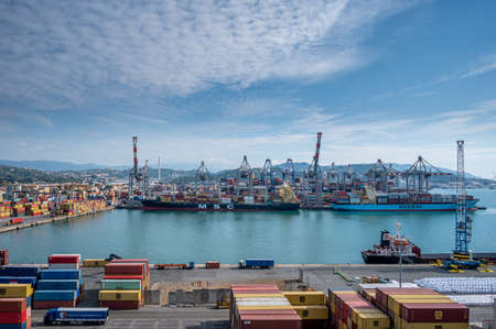 La Spezia, SP, Italy - October 19 2021: Container Freight Terminal of the Spezia seaport. Global Logistics Shipping industry. Maritime transportation. Editorial.のeditorial素材