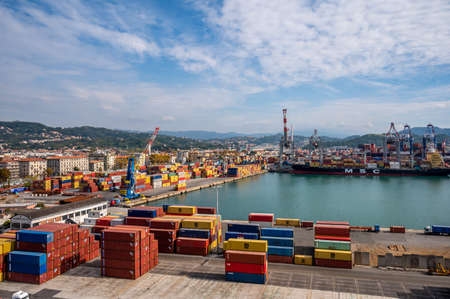 La Spezia, SP, Italy - October 19 2021: Container Freight Terminal of the Spezia seaport. Global Logistics Shipping industry. Maritime transportation. Editorial.のeditorial素材